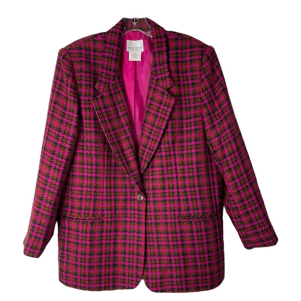 Vintage pink brown black houndstooth button woven blazer jacket oversized 14P